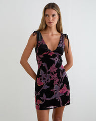 Rosmila Mini Dress in Black with Floral Devore Print