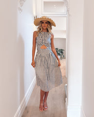 Rafiya Dress Navy Stripe | Women's Linen Stripe Midi Dress