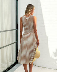 Rafiya Dress - Tan Stripe | Women's Linen Stripe Midi Dress