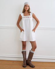 Sanaly Mini Dress in Poplin White with Cherry Blossom Embroidery