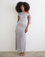 Sardian Maxi Dress in Chiffon Monochrome Silver Grey Polka