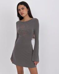 Sevila Long Sleeve Mini Dress in Cupro Diamante Flower Dark Grey