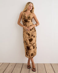 Tana Cowl Maxi Dress in Floral Devore Beige