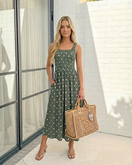 Torrance Green Spot Dress | Women's Polka Dot Midi Dress