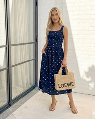 Torrance Dress Navy Spot | Women's Polka Dot Shirred Midi Dress