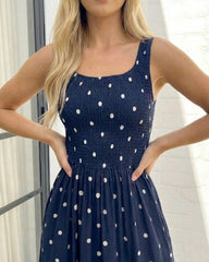 Torrance Dress Navy Spot | Women's Polka Dot Shirred Midi Dress