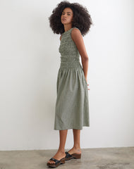 Undine Midi Dress in Mini Gingham Dark Green