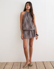 Veloria Halterneck Mini Dress in Chiffon Grey and Maroon Diagonal Stripe
