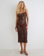 Yasiya Midi Dress in Open Crochet Knit Dark Chocolate