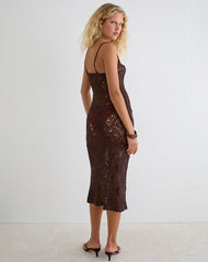 Yasiya Midi Dress in Open Crochet Knit Dark Chocolate
