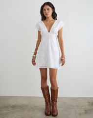 Yenna Plunge Mini Dress in Floral Lace White