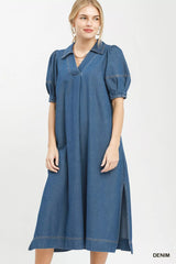 Umgee Chambray Collared Puff Sleeve Dress