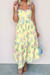 Floral Print Contrast Trim Self-tie Straps High Waist Midi Dress