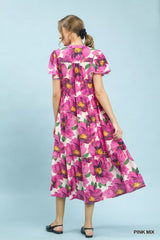 Umgee Tropical Floral V-Neck Flutter Sleeve Tiered Midi Dress
