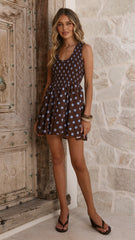 Amira Mini Dress - Choc/Blue Polka