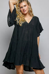 POL Ruffle Shirred V-Neck Short Sleeve Cotton Dress