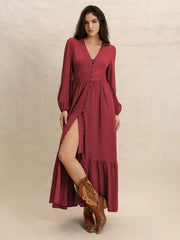 Plus Size V-Neck Balloon Sleeve Maxi Dress