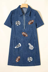 Sequin Football Cheer Patches Game Day Denim Mini Dress
