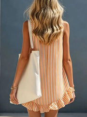Striped V-Neck Ruffle Hem Mini Dress