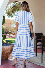 Stripe Ricrac Trim Notched Neck Half Sleeve Vacation Dress