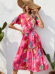 Pleated Tropical Print Belted Midi Dress