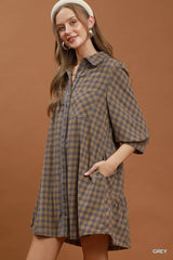 Umgee Plaid Button Down Oversized Shirt Dress