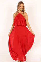 Gia Pleated Halterneck Maxi Dress - Red