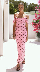 Mairi Maxi Dress - Pink / Brown Polka