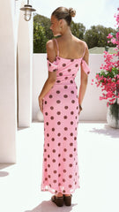 Mairi Maxi Dress - Pink / Brown Polka