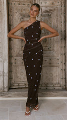 Cataleya Maxi Dress - Brown/Blue Polka Dot