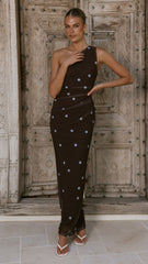Cataleya Maxi Dress - Brown/Blue Polka Dot