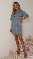 Maliha Button Up Mini Dress - Light Denim