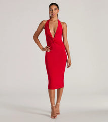 Evening Of Sultry Plunge V-Neck Halter Midi Dress