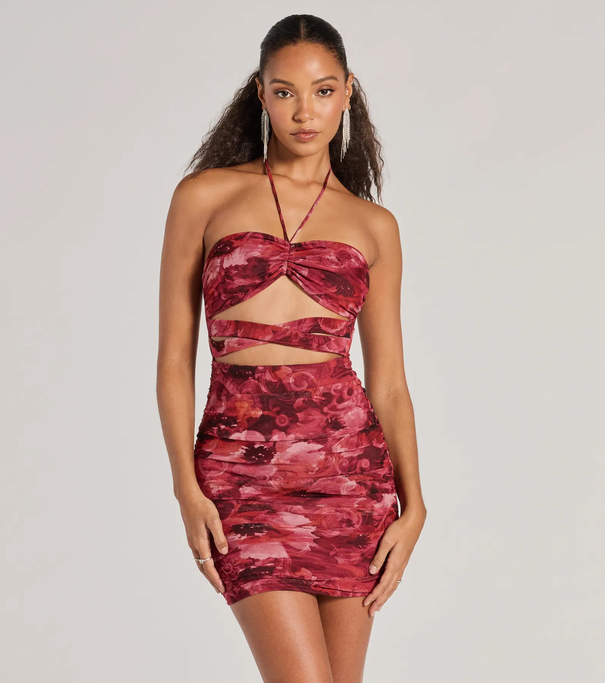 Resort Approved Halter Cutout Abstract Mini Dress