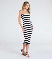 Chic Charm Striped Knit Strapless Midi Dress