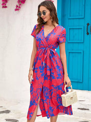 Surplice Short Sleeve Midi Dress