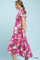 Umgee Tropical Floral V-Neck Flutter Sleeve Tiered Midi Dress
