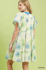 Umgee Floral Print Contrast Trim Tiered Babydoll Dress
