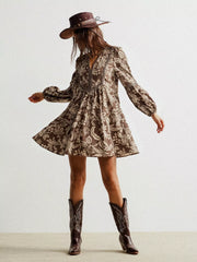 Plus Size Printed Notched Long Sleeve Dress