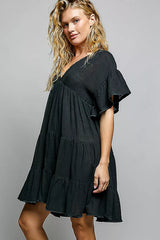 POL Ruffle Shirred V-Neck Short Sleeve Cotton Dress