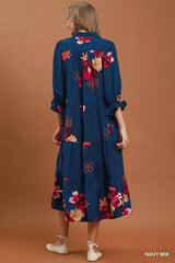 Umgee Floral Print Tiered Midi Dress with Puff Sleeves