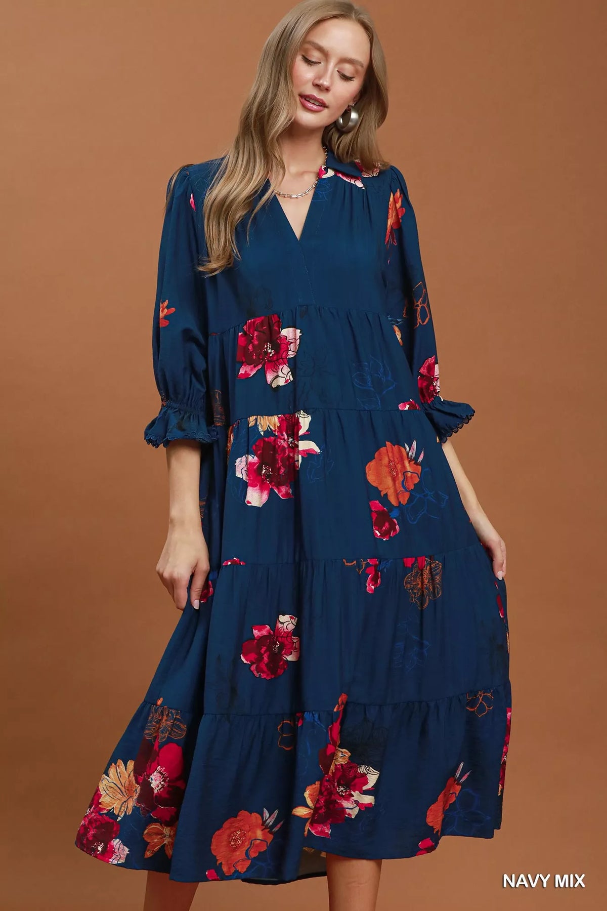 Umgee Floral Print Tiered Midi Dress with Puff Sleeves