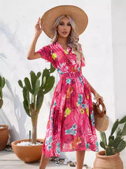 Pleated Tropical Print Belted Midi Dress
