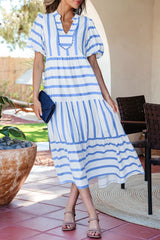 Stripe Ricrac Trim Notched Neck Half Sleeve Vacation Dress