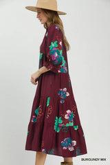 Umgee Floral Print Tiered Midi Dress with Puff Sleeves