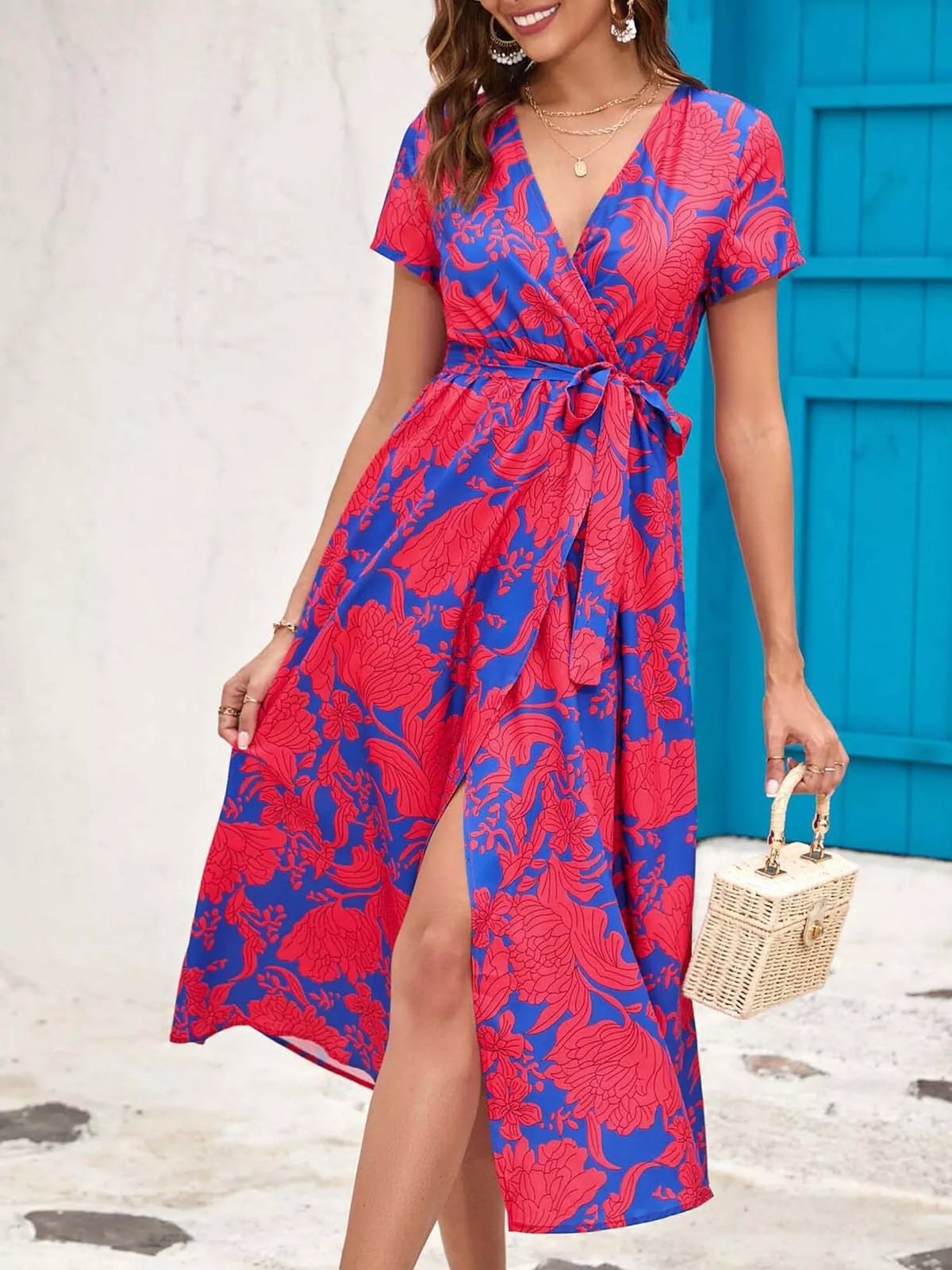 Surplice Short Sleeve Midi Dress