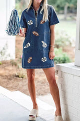 Sequin Football Cheer Patches Game Day Denim Mini Dress