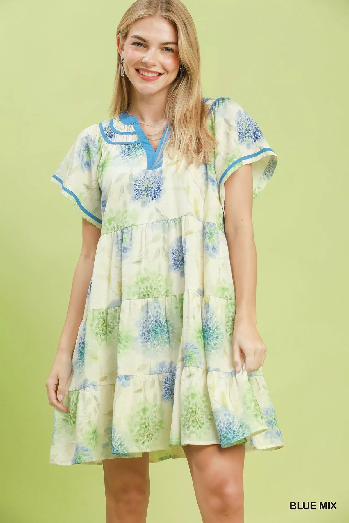 Umgee Floral Print Contrast Trim Tiered Babydoll Dress