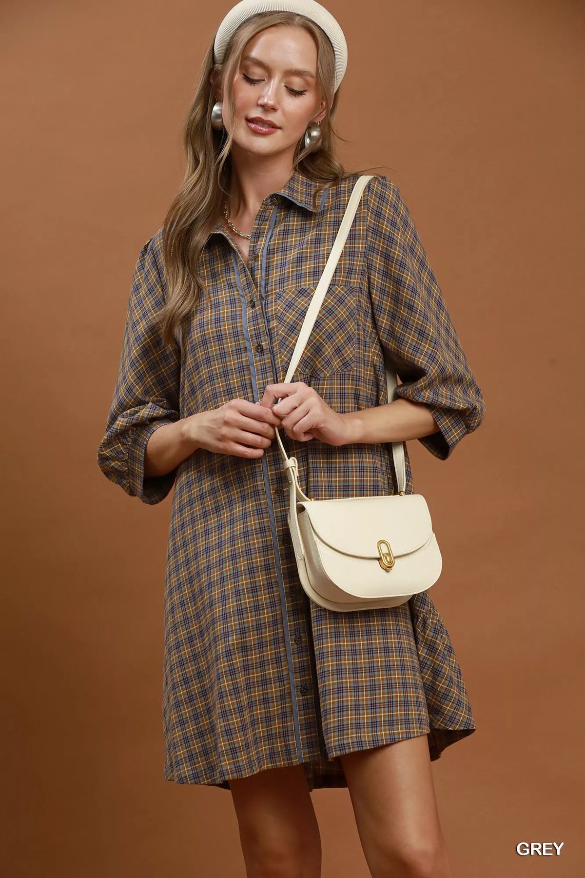 Umgee Plaid Button Down Oversized Shirt Dress