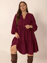 Plus Size Button Front Balloon Sleeve Dress